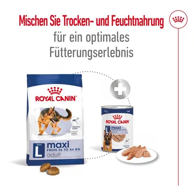 Royal Canin Maxi Adult сухой и влажный корм для собак от 26 до 44 кг. Рекомендация: сочетание для оптимального кормления.