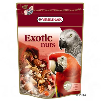 Versele-Laga Exotic Nuts, znovu uzatvárateľné balenie s 20 % orechov. Zobrazené: papagáje a zmes orechov a sušeného ovocia.