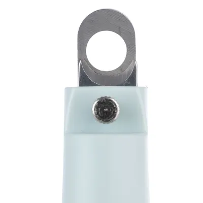 Close-up of a nail scissors with metal blade and light blue handle, suitable for precise cutting.