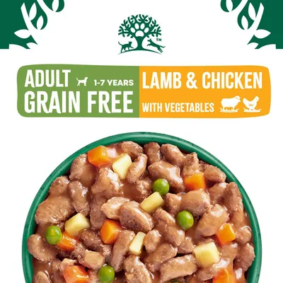 Adult grain free food for ages 1-7 years, lamb and chicken with vegetables. Image shows chunks in gravy with peas, carrots and potatoes.