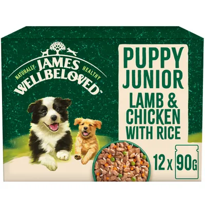 Puppy Junior lamb and chicken with rice, 12 packs of 90g each. Image shows food pieces with vegetables.