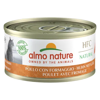 Boîte Almo Nature HFC Natural, Poulet avec fromage. Texte visible : Profits 100% to nature, Owned by the animals.