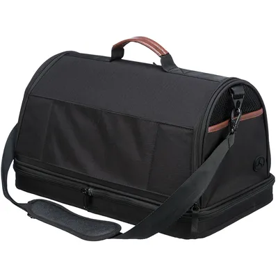 Schwarze Transporttasche mit braunem Griff, abnehmbarem Schultergurt und Netzfenstern an den Seiten. Geeignet für sicheren Transport von Haustieren.