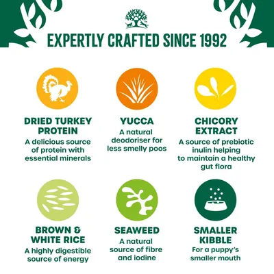 Expertly crafted since 1992. Features: dried turkey protein, yucca, chicory extract, brown and white rice, seaweed, smaller kibble. Key benefits and functions listed for each ingredient.