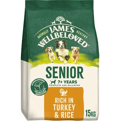 Senior pet food, suitable for 7+ years, rich in turkey and rice, hypoallergenic for pets with sensitivities, complete and balanced, 15kg bag.