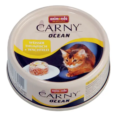 Scatoletta Animonda Carny Ocean per gatti, testo visibile: WEISSER THUNFISCH + WACHTELEI, immagine di un gatto e del prodotto su piatto.