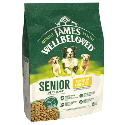 James Wellbeloved Senior 7+ Years pet food, rich in lamb and rice, hypoallergenic, supports joints, skin, coat and digestion, no wheat or maize, 15kg bag shown.