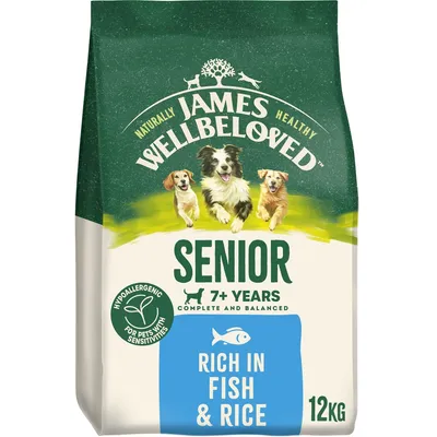 James Wellbeloved Senior 7+ Years, hypoallergenic, rich in fish and rice, complete and balanced, 12kg. For pets with sensitivities.