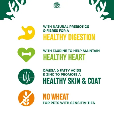 Natural prebiotics and fibres for healthy digestion, taurine for heart health, omega 6 and zinc for skin and coat, no wheat for pets with sensitivities.