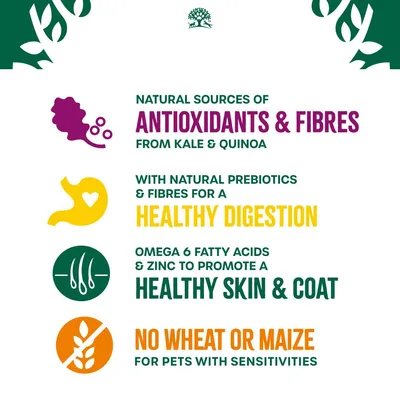 Natural antioxidants and fibres from kale and quinoa, prebiotics for healthy digestion, omega 6 and zinc for skin and coat, no wheat or maize for pets with sensitivities.
