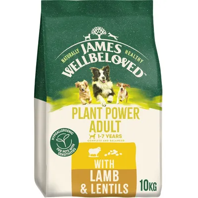 Plant Power Adult 1-7 years, complete and balanced food with lamb and lentils, hypoallergenic for pets with sensitivities, 10kg bag.