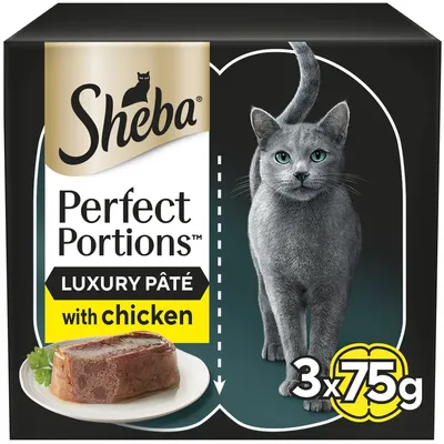 Sheba Perfect Portions luxury pâté with chicken, 3 x 75g packs shown. Image includes a portion of pâté on a plate and product details.