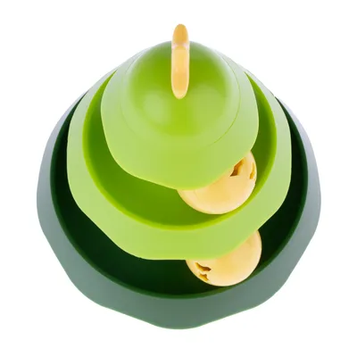 Green, multi-level cat toy with yellow balls on the tiers.