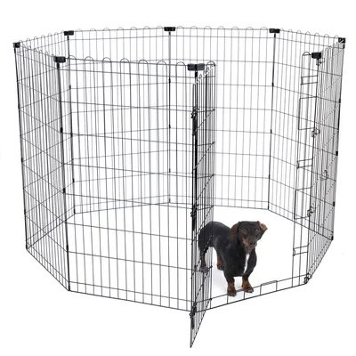 Parc pour chien en métal noir avec porte ouverte, chien de petite taille à l’intérieur. Structure octogonale composée de panneaux grillagés reliés entre eux.
