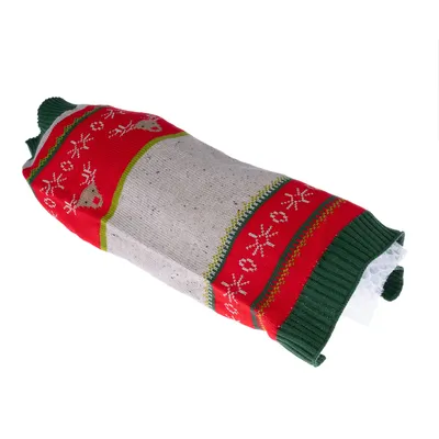 Roter und grüner Stricküberzug mit Rentier- und Schneeflockenmuster, geeignet für Flaschen oder ähnliche Gegenstände.