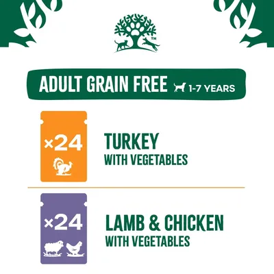 Adult Grain Free 1-7 Years. 24x Turkey with Vegetables, 24x Lamb & Chicken with Vegetables. Adult Grain Free 1-7 Years. 24x Turkey with Vegetables, 24x Lamb & Chicken with Vegetables.