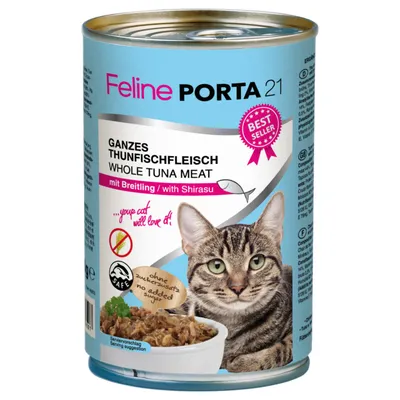 Feline Porta 21, filetti interi di tonno con brite e shirasu. Senza zuccheri aggiunti, proposta di servizio mostrata. Riconoscimento Best-Seller visibile.