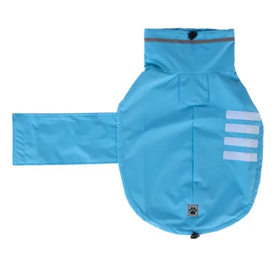 Manteau pour chien bleu avec quatre bandes réfléchissantes blanches sur le côté et une patte noire imprimée en bas. Fermeture par sangle latérale visible.