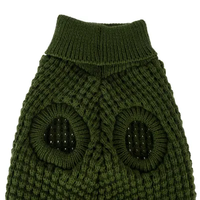 Pull vert foncé en maille pour animal, deux ouvertures circulaires visibles pour les pattes avant, col montant côtelé. Matière : tricot.