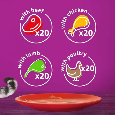 Product contains 20 portions each with beef, chicken, lamb and poultry, shown by icons and text on a purple background.