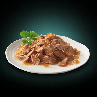 Chunks of meat in gravy served on a white plate with a garnish of parsley, showing the texture and appearance of the wet pet food product.