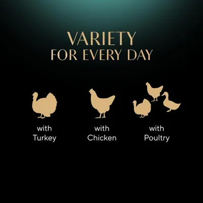 Variety for every day. Product available with turkey, with chicken, and with poultry options shown by animal icons.