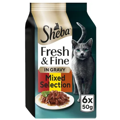 Sheba Fresh & Fine in Gravy Mixed Selection, 6 x 50g packs shown on packaging with image of food in gravy on a plate.