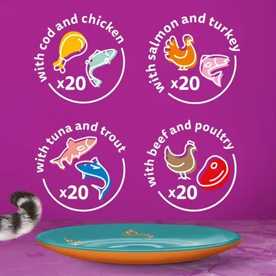 Product contains 20 portions each with cod and chicken, salmon and turkey, tuna and trout, beef and poultry. Illustrated icons show each flavour combination.