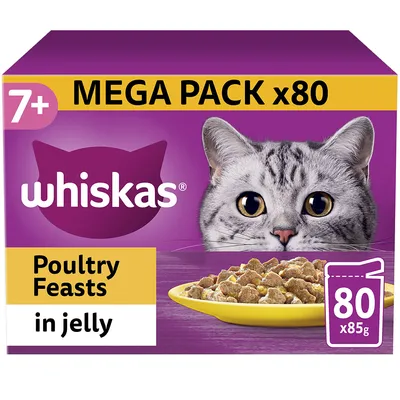 Mega pack of 80 poultry feasts in jelly, 85g each, for pets aged 7 and over. Product shows food pieces in jelly on a plate.