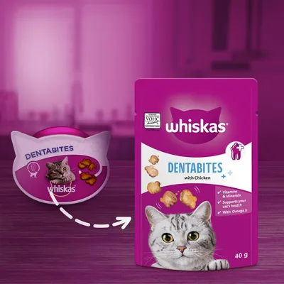 Whiskas Dentabites with Chicken, showing treats and packaging. Highlights: vitamins and minerals, supports cat's health, with Omega 3. VOHC accepted. 40g pack.