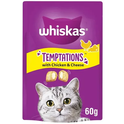 Whiskas Temptations with Chicken & Cheese, 60g. Image shows product name, flavour and weight on purple packaging.