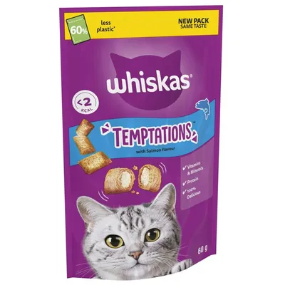 Temptations with salmon flavour, less than 2 kcal per treat, contains vitamins and minerals, protein, 100% delicious, 60g pack, 60% less plastic, new pack same taste.