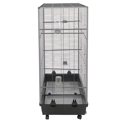 Large metal birdcage with wheels, multiple perches and pull-out tray for easy cleaning.