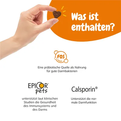 Texte en allemand : Was ist enthalten? FOS, Eine präbiotische Quelle als Nahrung für gute Darmbakterien, EPICOR pets, Calsporin. Informations sur les ingrédients et bienfaits digestifs.