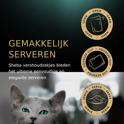 GEMAKKELIJK SERVEREN. Sheba vershoudzakjes bieden het ultieme eenvoudige en elegante serveren. Pictogrammen: open, squeeze out, serve.