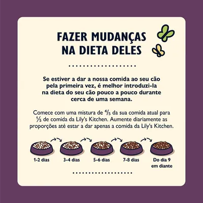 Instruções para mudar a dieta do cão: introduzir comida Lily's Kitchen gradualmente durante uma semana, aumentando a proporção em 1-2 dias, 3-4 dias, 5-6 dias, 7-8 dias e do dia 9 em diante.