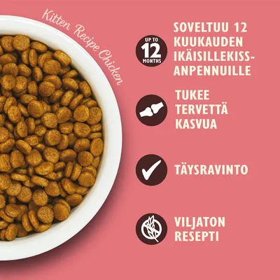 Soveltuu 12 kuukauden ikäisille kissanpennuille, tukee tervettä kasvua, täysravinto, viljaton resepti. Kitten Recipe Chicken. Up to 12 months.
