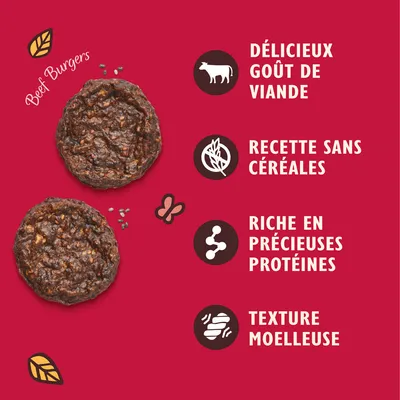Beef Burgers, délicieux goût de viande, recette sans céréales, riche en précieuses protéines, texture moelleuse. Texte en anglais 'Beef Burgers' visible.