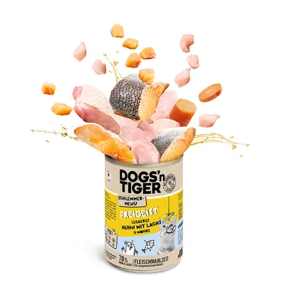 Dogs'n Tiger Schlemmer-Menü Freigeist: chicken with salmon and carrot, meat meal for adult cats. 70% chicken & salmon, no sugar, made in Germany.