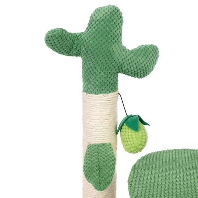 Krabpaal in cactusdesign met groene stoffen bekleding, sisal stam en hangend speeltje in de vorm van een vrucht.