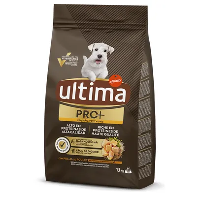Paquet de croquettes Ultima Affinity PRC+ petit <10 kg, riche en protéines de haute qualité, aide à maintenir la masse musculaire, facile à digérer, au poulet, 1,1 kg.