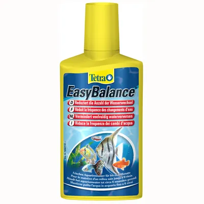 Tetra EasyBalance, flacon jaune. Texte visible : Réduit la fréquence des changements d’eau. Pour le maintien d’un milieu sain jusqu’à 6 mois. Illustration de poissons tropicaux.
