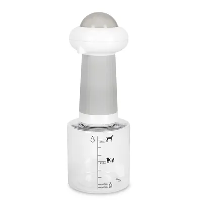 Measuring cup with scale for liquids up to 350ml, suitable for dogs and cats. Symbols indicate dosage for large dogs, small dogs and cats.