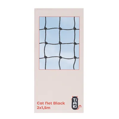 Tiaki Cat Net Black, Grösse 2x1,5m. Schwarzes Netz mit quadratischer Maschenstruktur vor blauem Hintergrund.