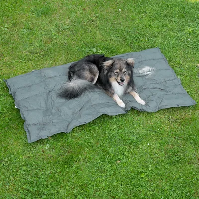 Graue Hundedecke auf grünem Rasen, geeignet für Outdoor-Nutzung.