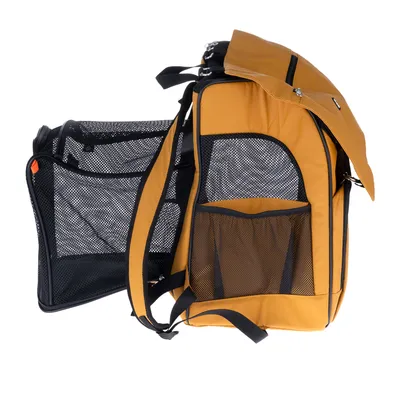 Sac à dos de transport jaune avec poches et panneaux en maille noire, ouverture latérale zippée visible, bretelles ajustables. Aucun logo ou texte apparent.