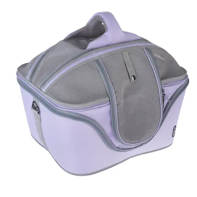 Sac de transport rigide en tissu violet et gris avec panneaux en maille, poignée sur le dessus et fermetures éclair visibles.