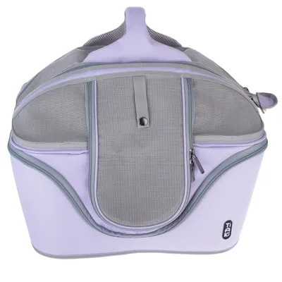 Sac de transport pour animaux en tissu gris et violet, avec poignées, poches zippées et parties en maille respirante. Marque TIAKI visible sur le devant.