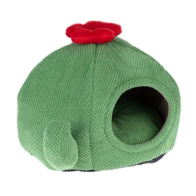 Cuccia per animali verde a forma di grotta con design floreale rosso sulla parte superiore e ingresso laterale.