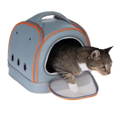 Sac de transport rigide gris avec bordures orange, poignée sur le dessus, trois aérations latérales et porte grillagée ouverte, chat tigré à l’intérieur sortant la tête et une patte.